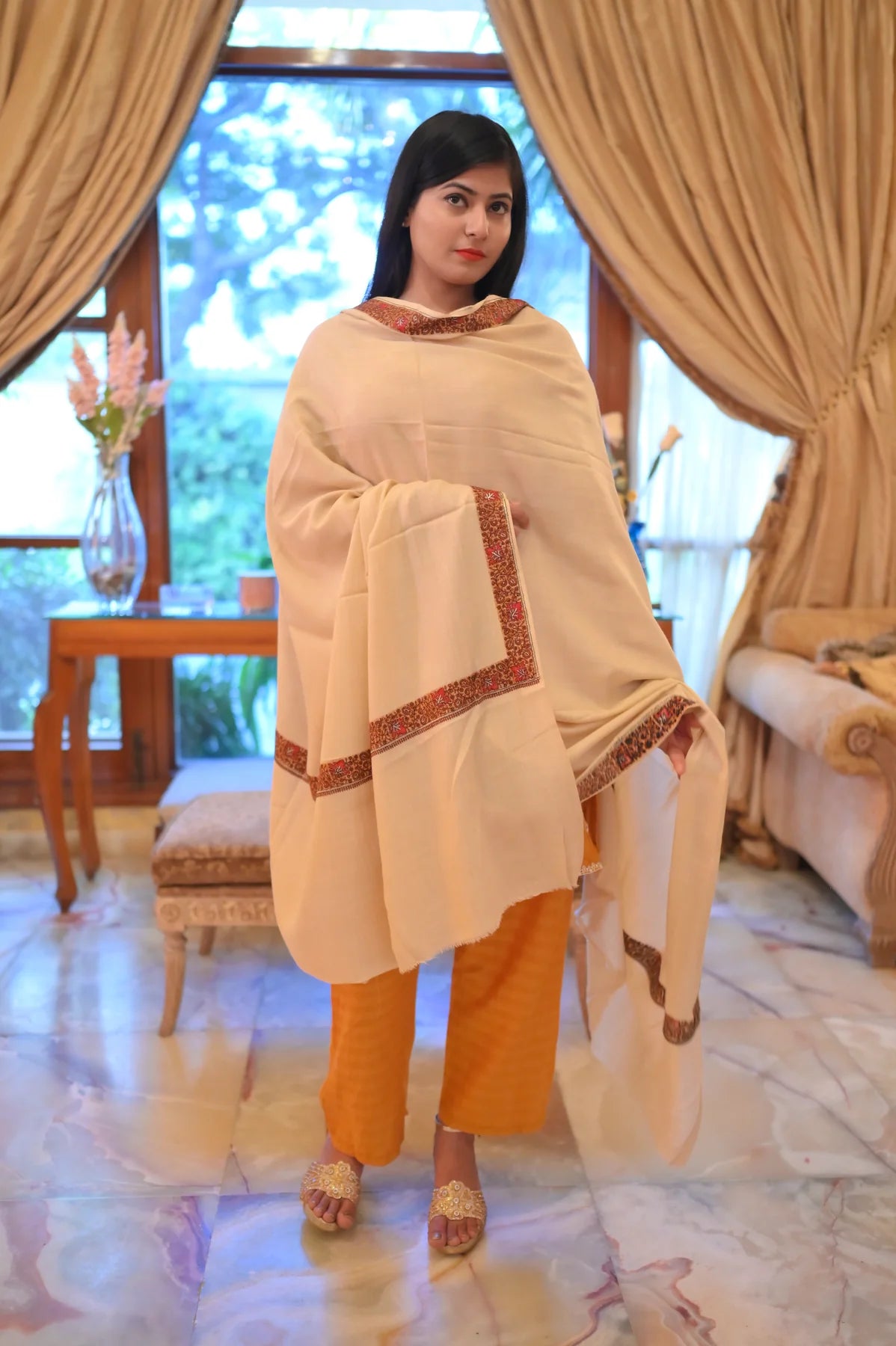 Elegant Shawl with Gota Zari Border Beige