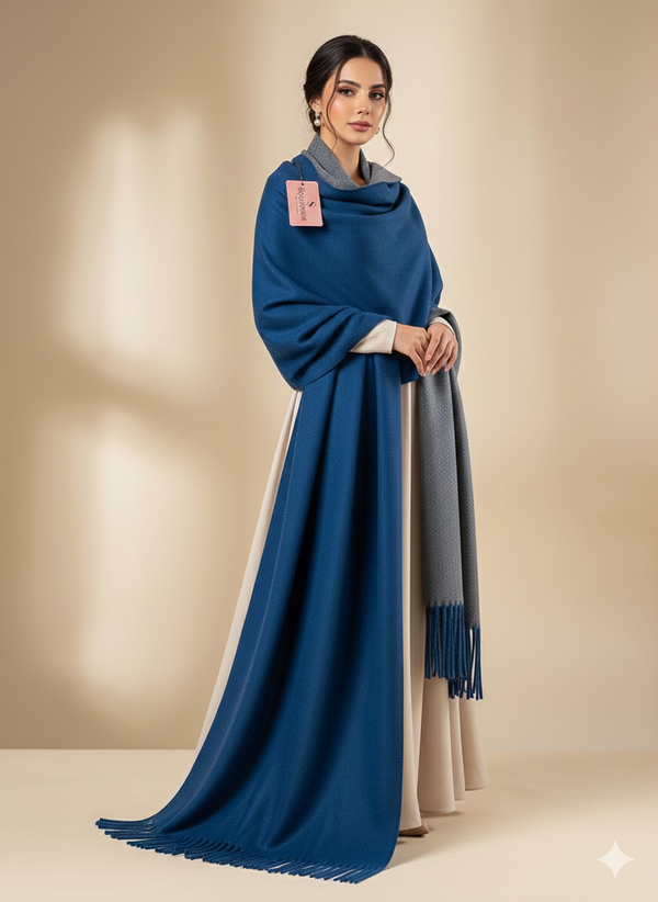 Wool Reversible Shawl : Deep Royal Blue / Slate Grey