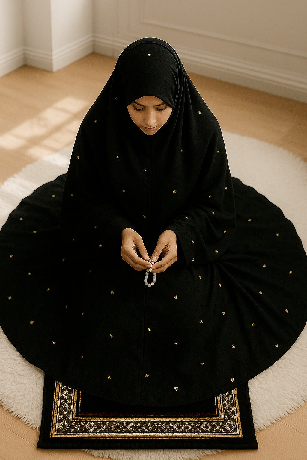 Embroidered Swiss Lawn Namaz Chadar with Sleeves – Black