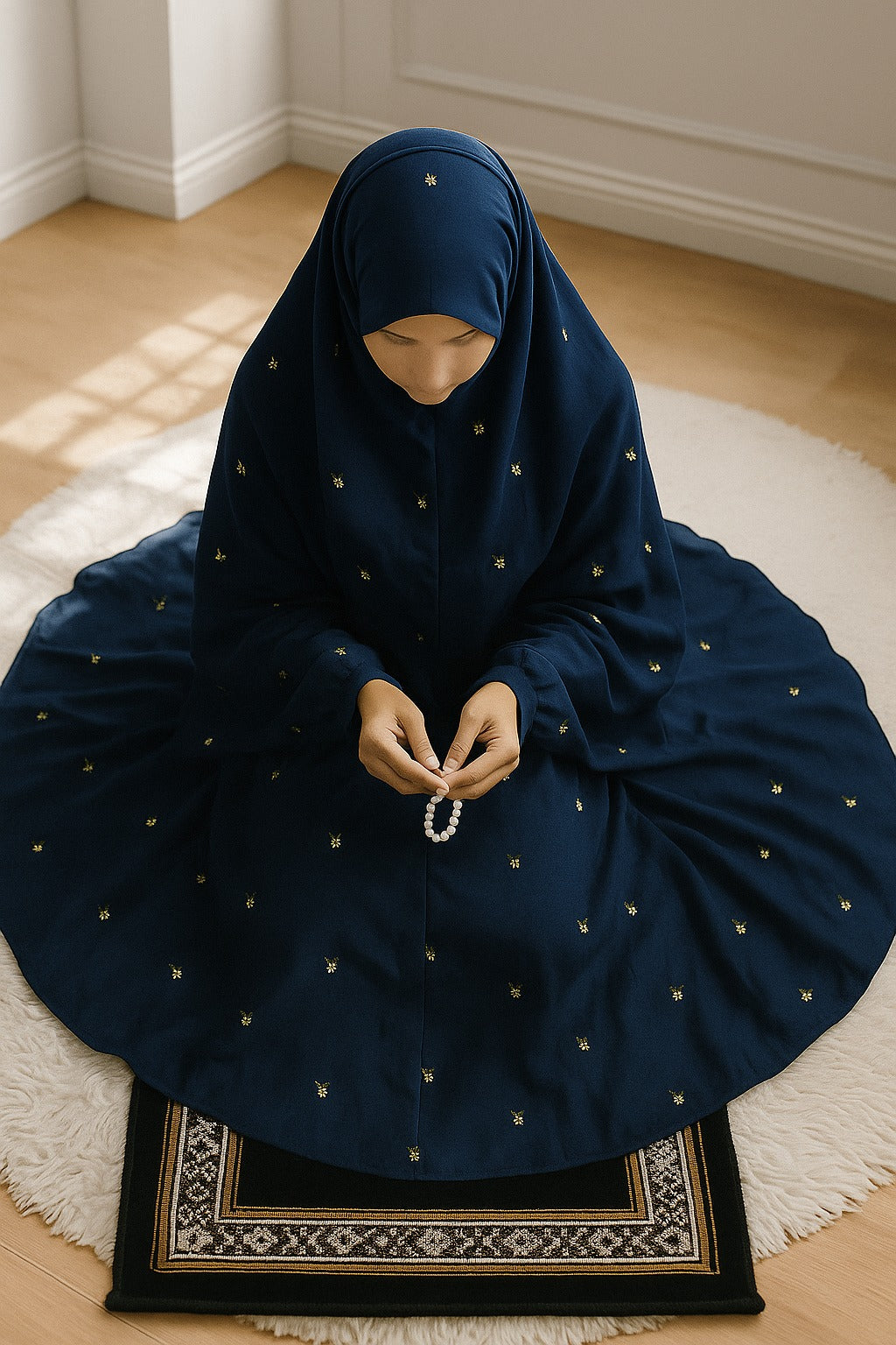 Embroidered Swiss Lawn Namaz Chadar with Sleeves – Navy Blue