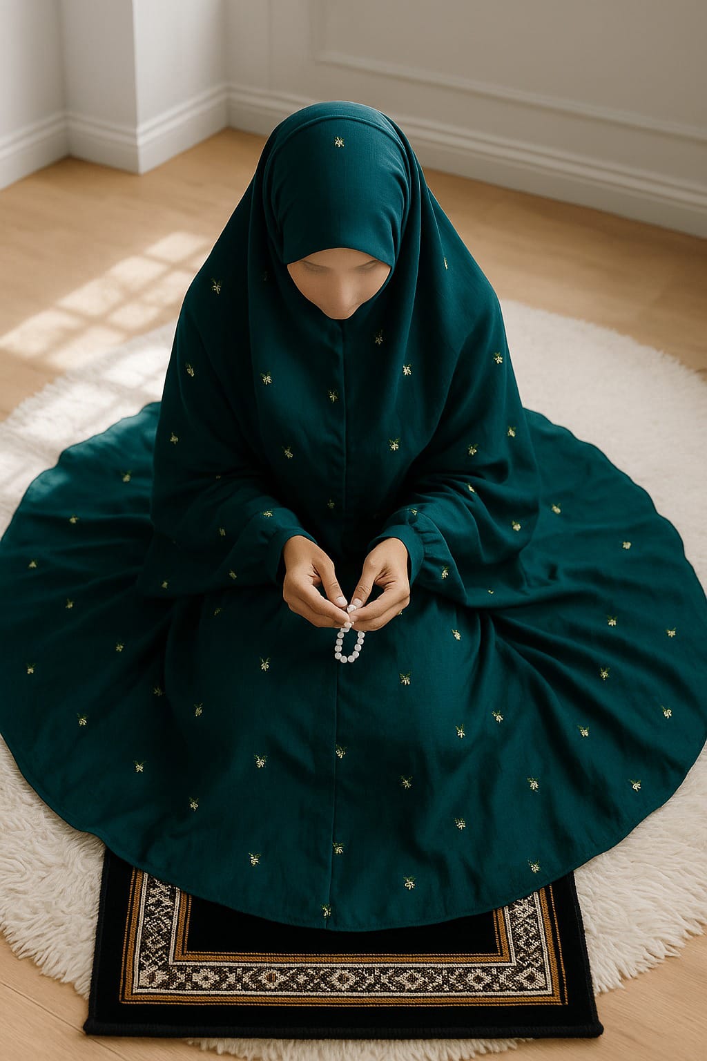 Embroidered Swiss Lawn Namaz Chadar with Sleeves - Green
