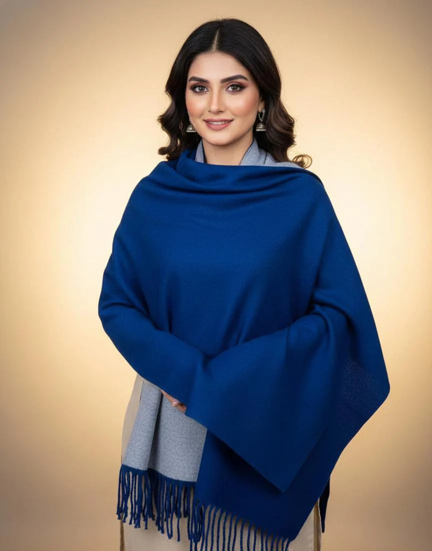 Wool Reversible Shawl : Royal Blue / Silver Grey