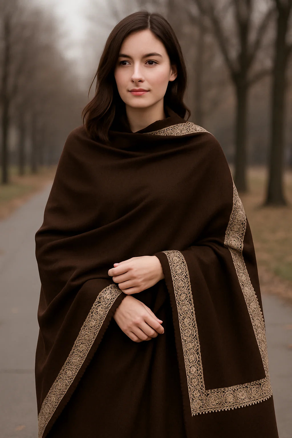 Elegant Handwoven Shawl with Delicate White Embroidery - Brown