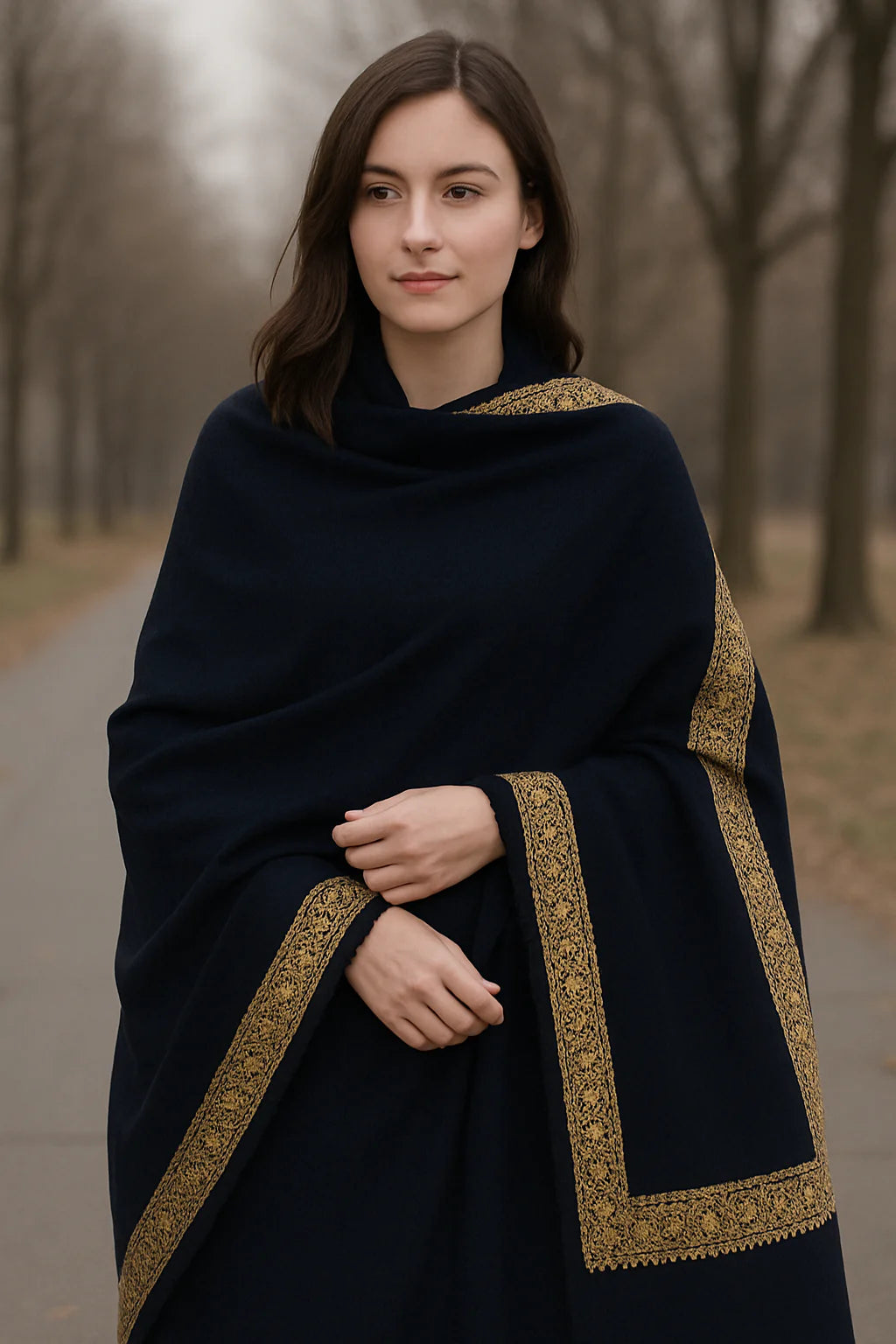 Elegant Handwoven Shawl with Delicate White Embroidery - Navy blue