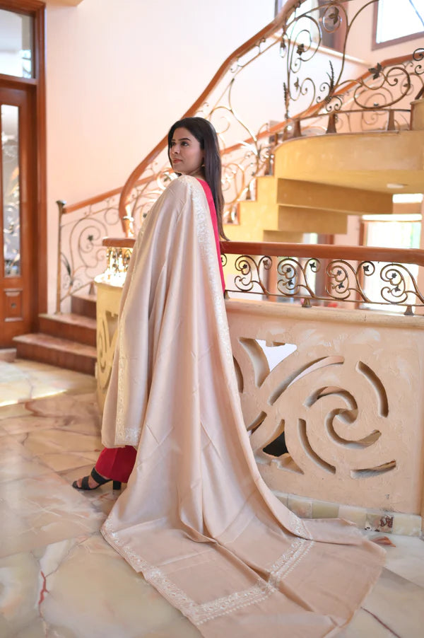 Elegant Handwoven Shawl with Delicate White Embroidery - Beige