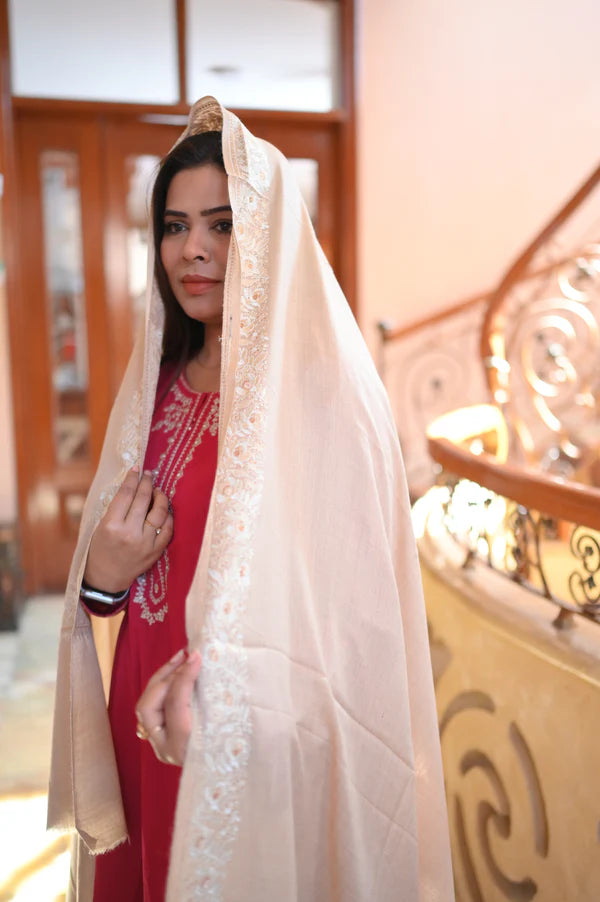 Elegant Handwoven Shawl with Delicate White Embroidery - Beige