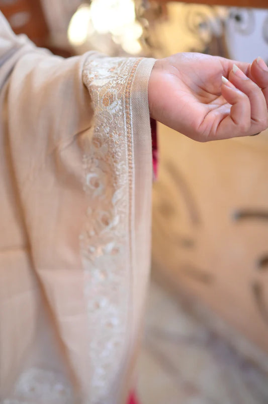 Elegant Handwoven Shawl with Delicate White Embroidery - Beige