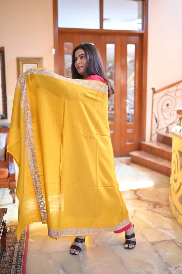 Elegant Handwoven Shawl with Delicate White Embroidery - Yellow
