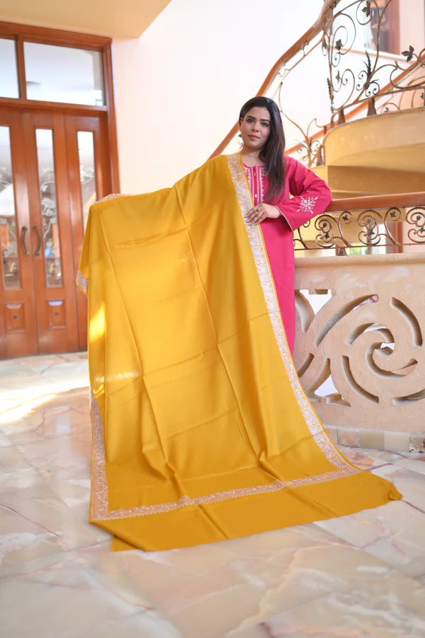 Elegant Handwoven Shawl with Delicate White Embroidery - Yellow