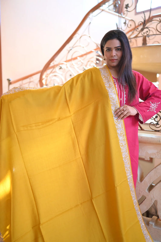 Elegant Handwoven Shawl with Delicate White Embroidery - Yellow