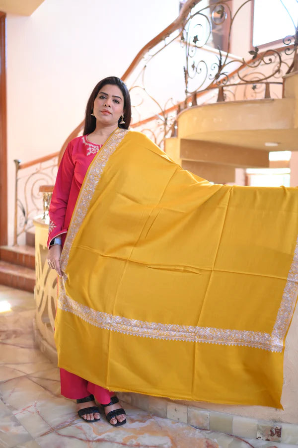 Elegant Handwoven Shawl with Delicate White Embroidery - Yellow