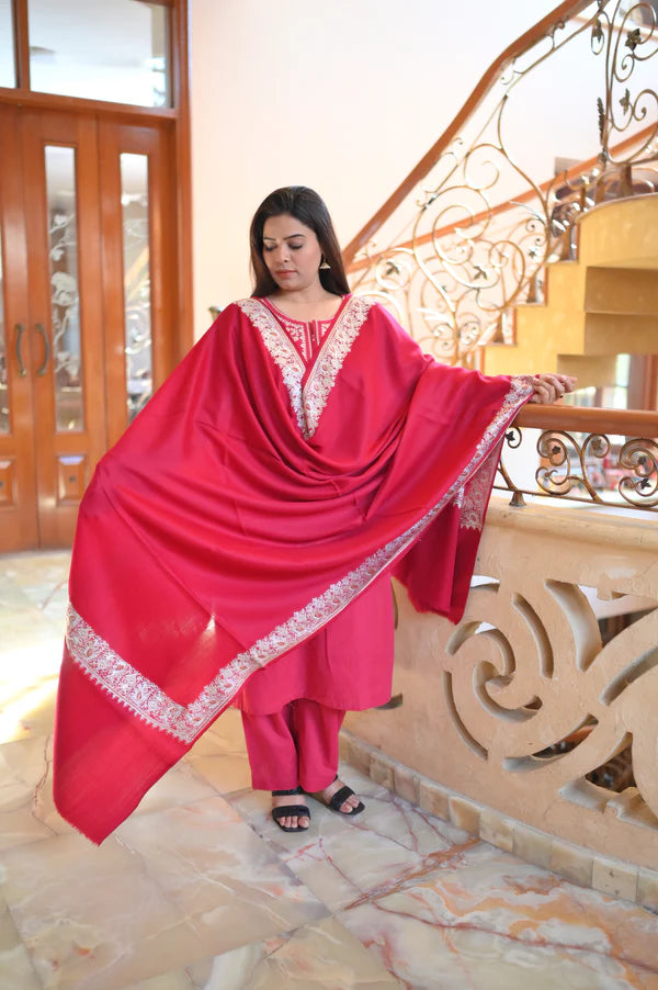 Elegant Handwoven Shawl with Delicate White Embroidery - Red