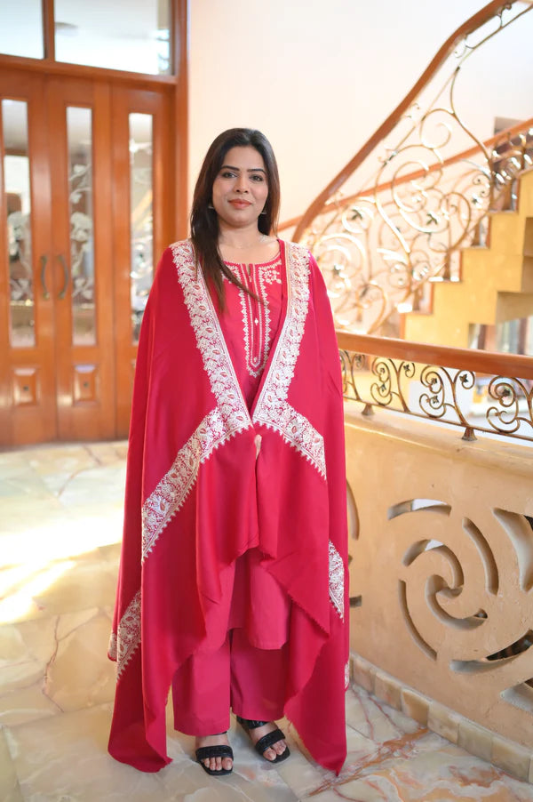 Elegant Handwoven Shawl with Delicate White Embroidery - Red