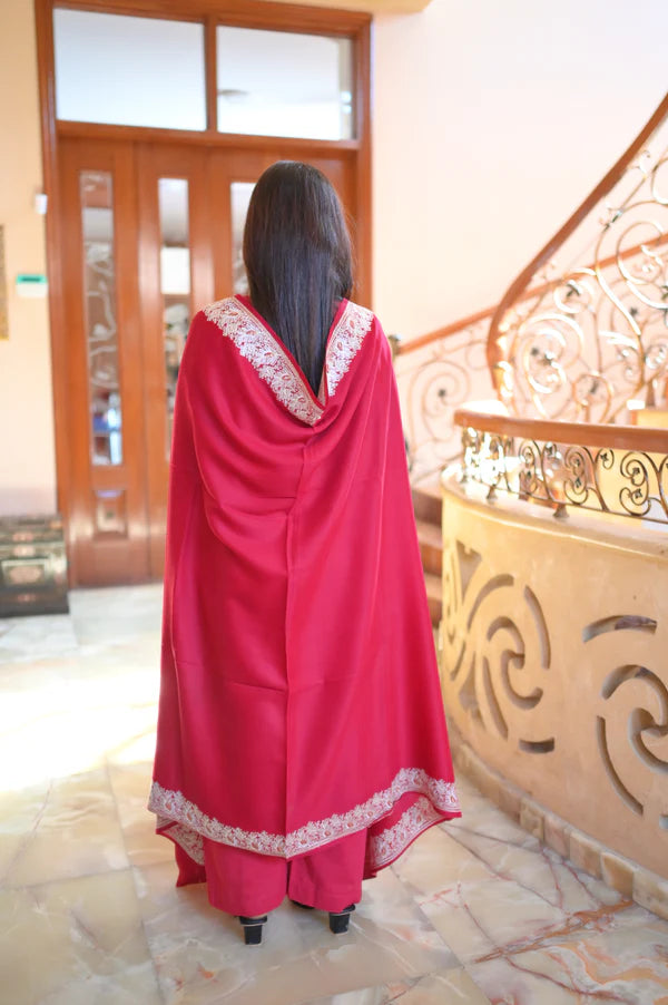 Elegant Handwoven Shawl with Delicate White Embroidery - Red