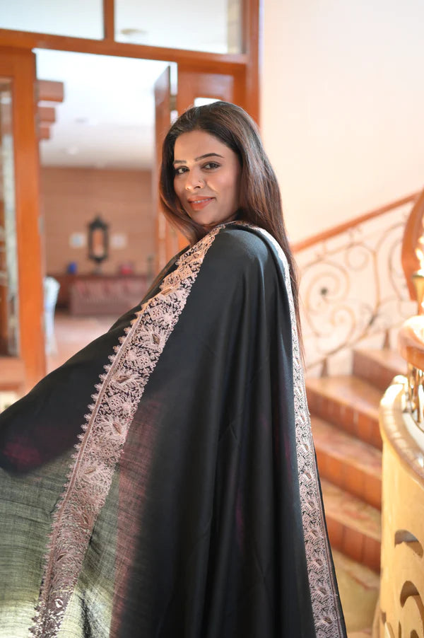 Elegant Handwoven Shawl with Delicate White Embroidery - Black