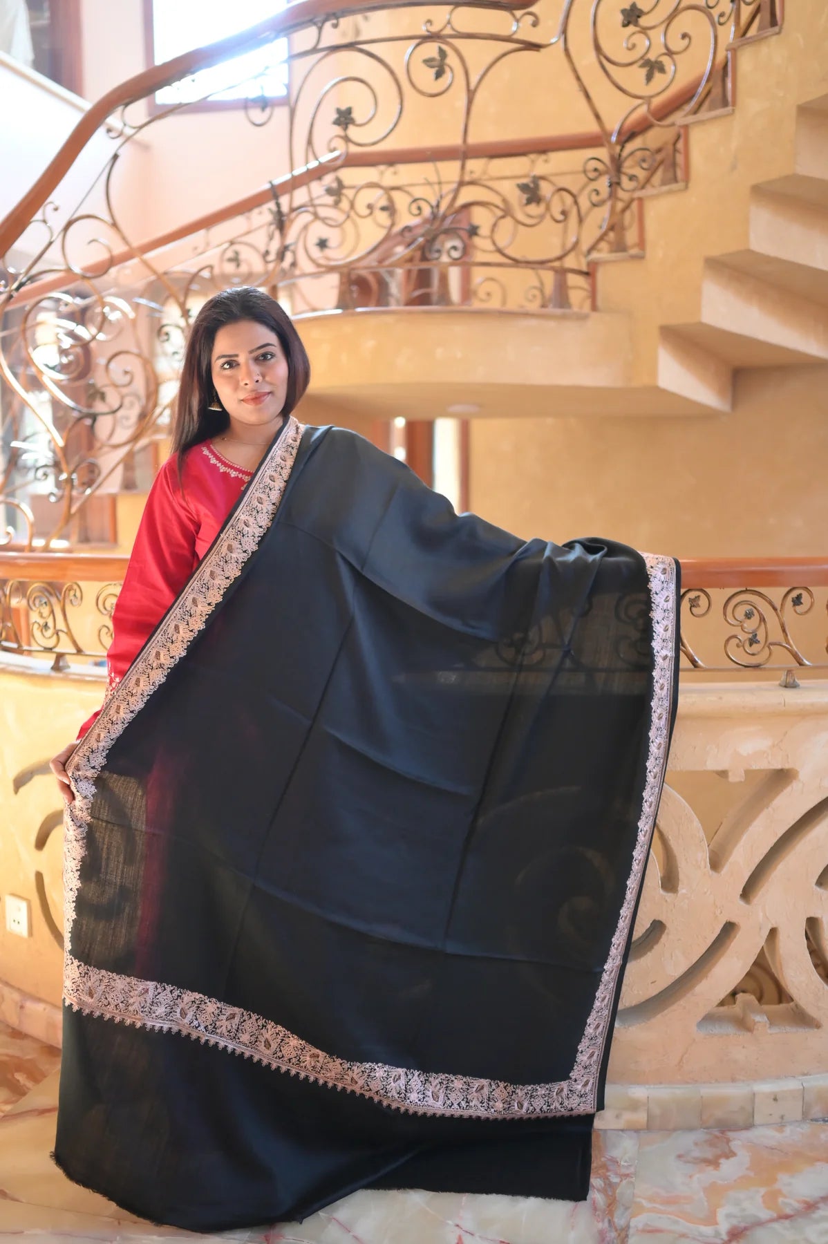 Elegant Handwoven Shawl with Delicate White Embroidery - Black