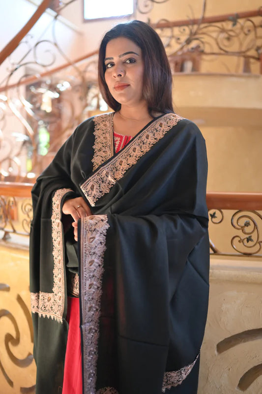 Elegant Handwoven Shawl with Delicate White Embroidery - Black