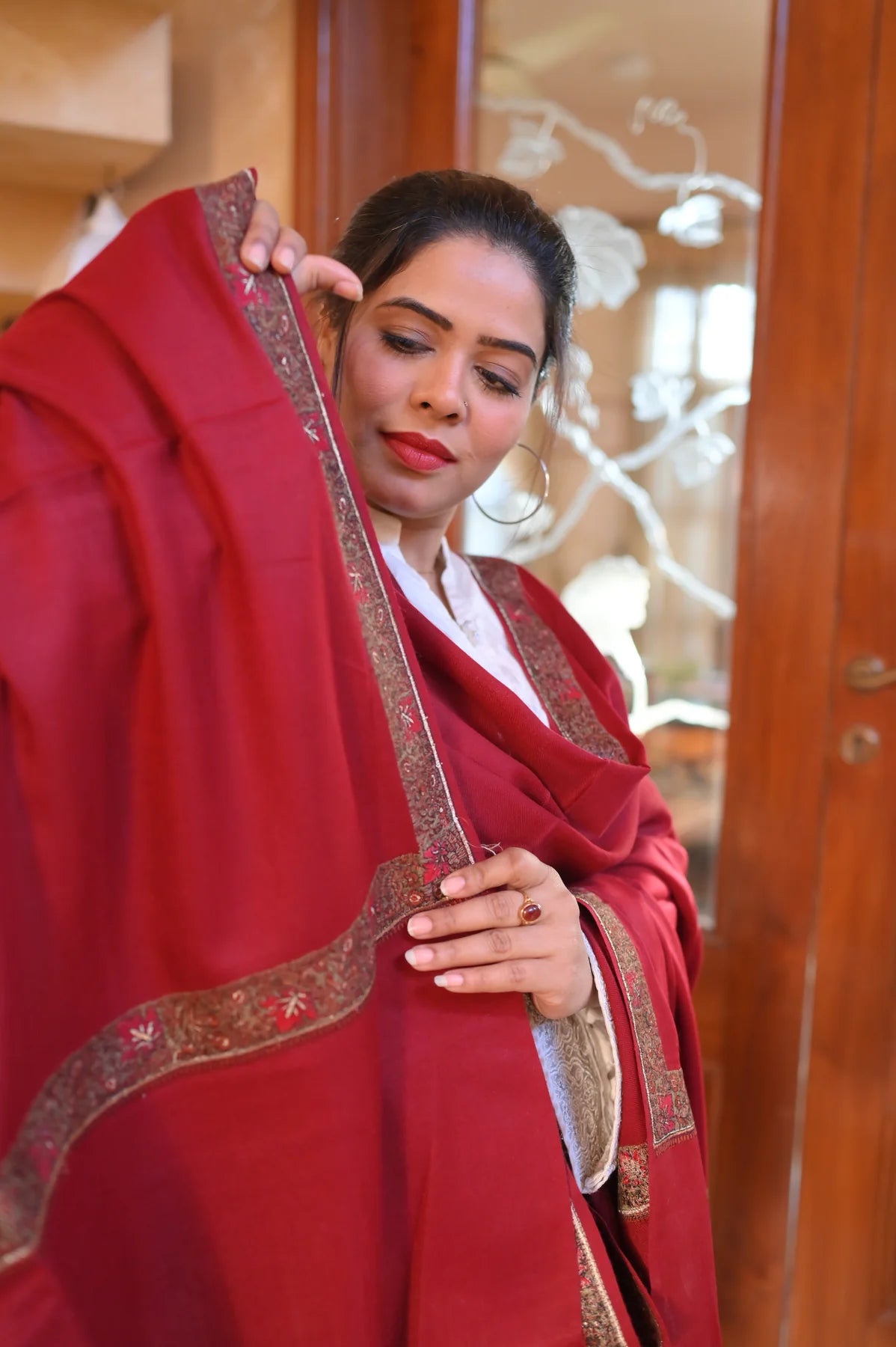 Elegant Shawl with Gota Zari Border Red
