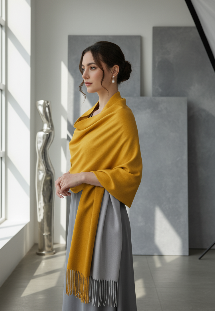 Two Tone Shawl - Mustard/Grey
