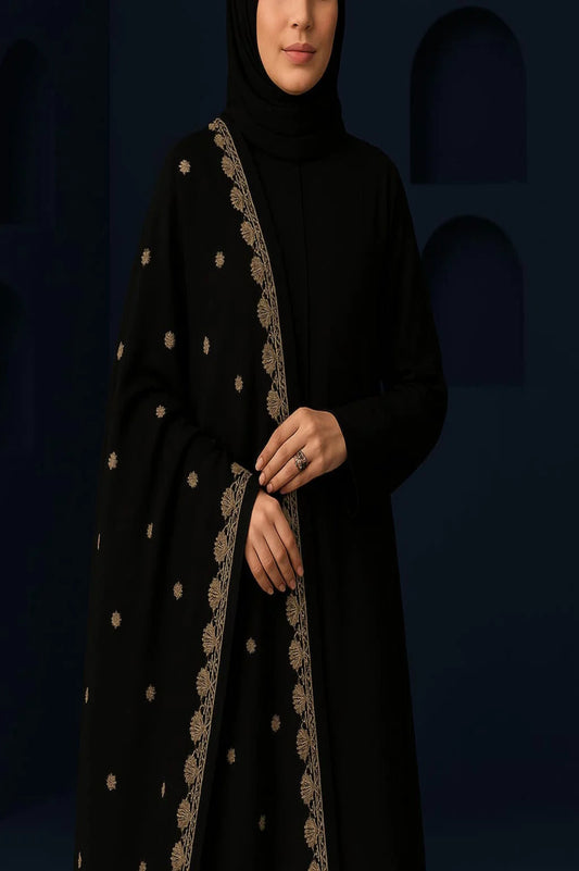 Swiss Lawn Shawl – Black with Golden Embroidery