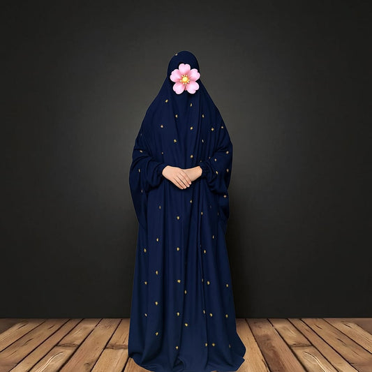 Embroidered Swiss Lawn Namaz Chadar with Sleeves – Navy Blue