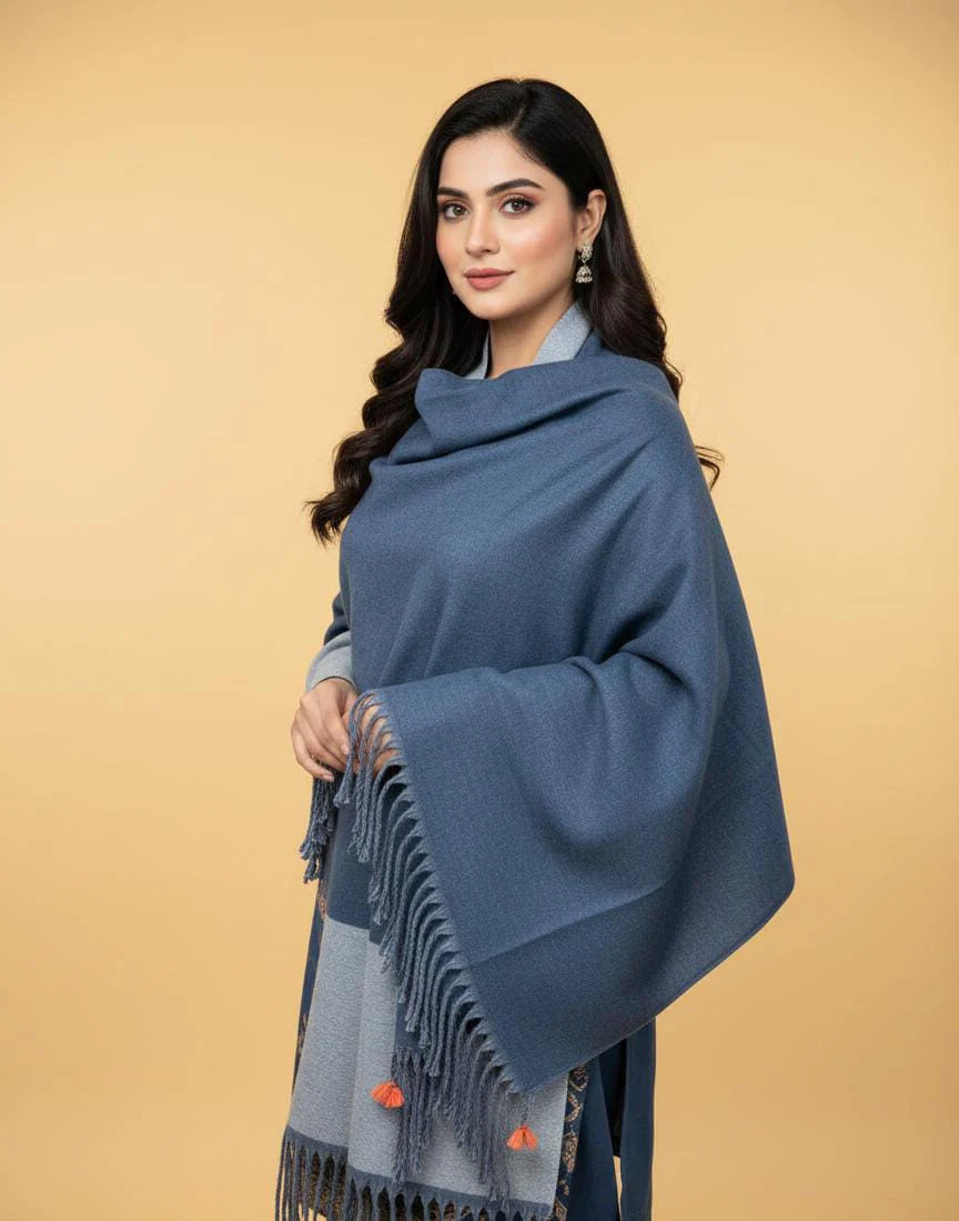 Wool Reversible Shawl Denim Blue / Light Grey